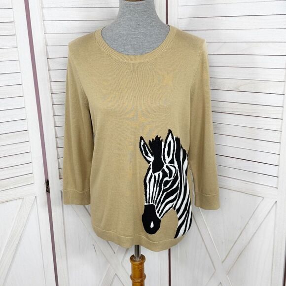 Talbots Zebra Head Crewneck Pullover Knit Top Sweater Tan Petite Large - Picture 2 of 14